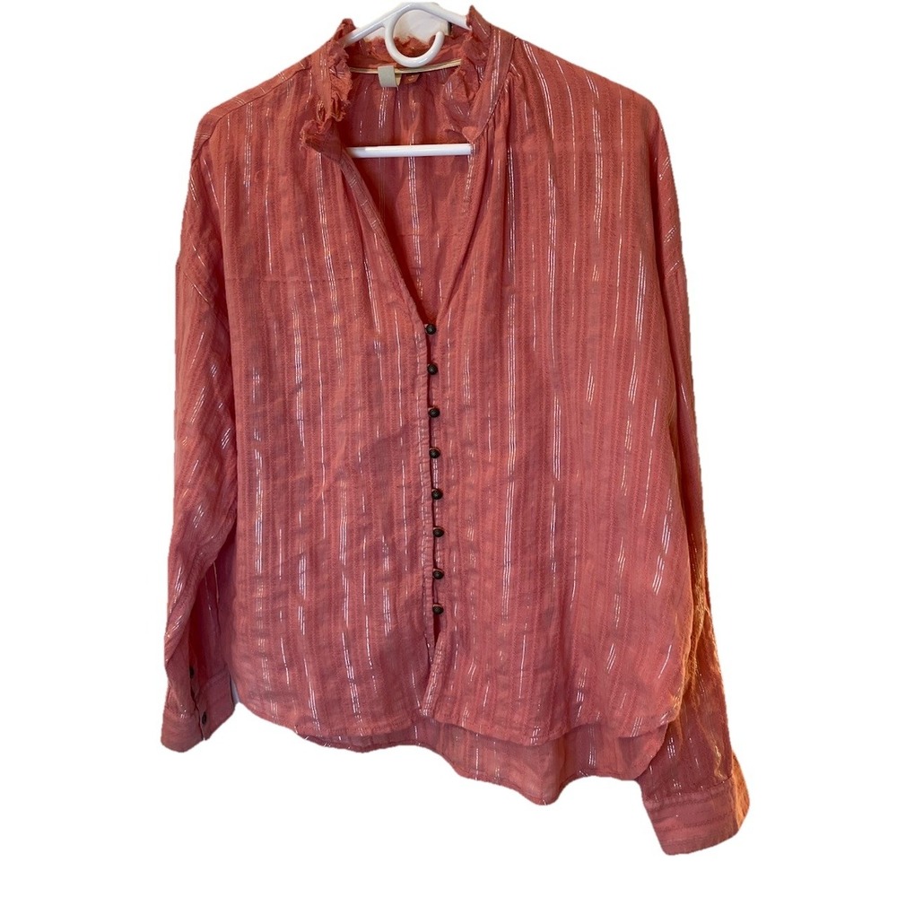 Anthropologie Pilcro Tavi Blouse Womens S Pink Metallic Stripe Ruffle Boho Top